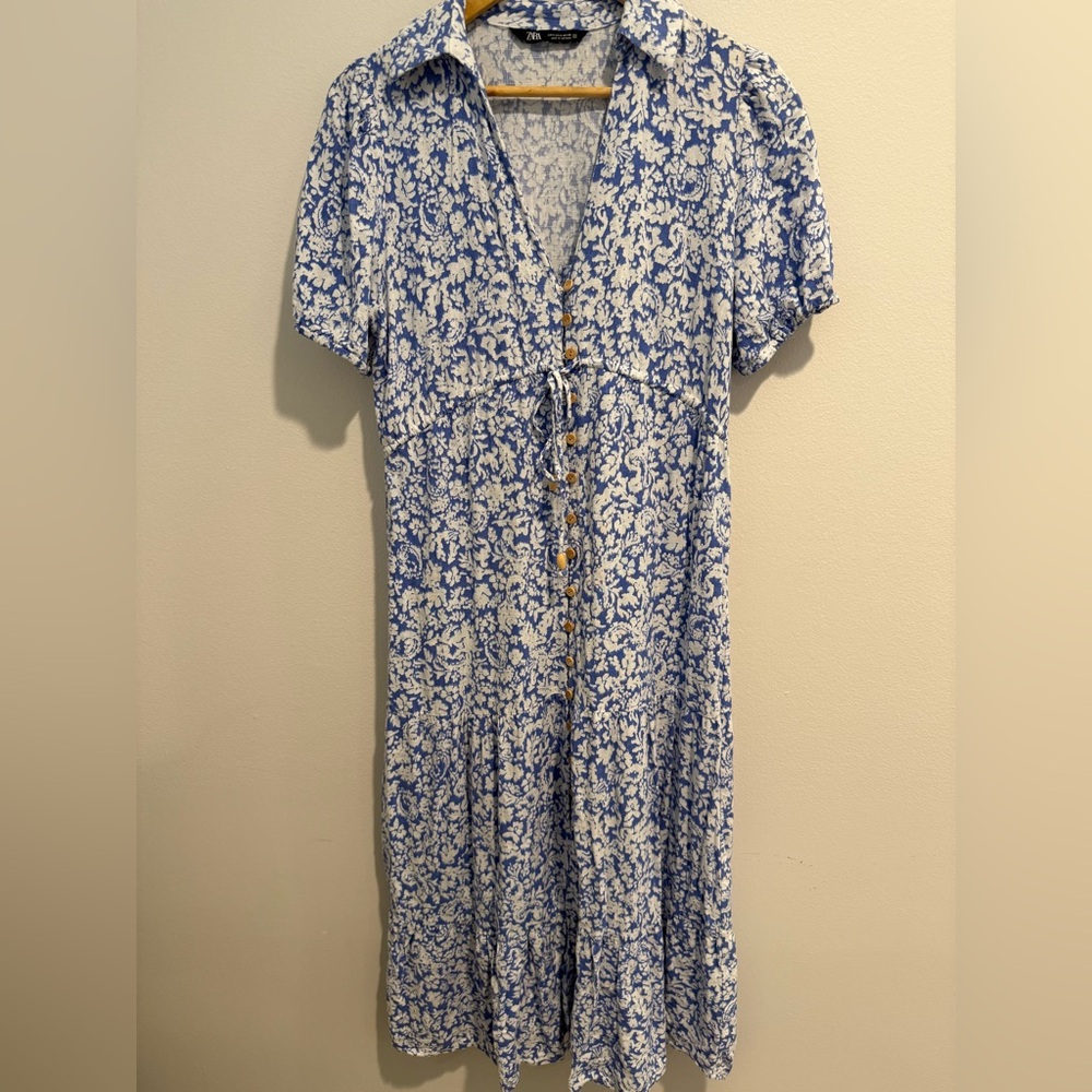 Zara Blue White Floral Midi Maxi Button Front Dress Puff Sleeves Size Small